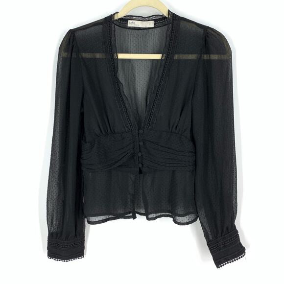 Zara Tops - Zara Blouse Women XS Black Sheer Swiss Dot‎ Lace Trim V-Neck Long Sleeve